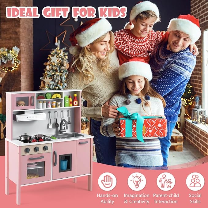 Costzon Kids Kitchen Playset, Wooden Pretend Toddler Kitchen Toy Set w/Sound, Microwave, Oven, Ice Maker, Range Hood, Stoves, Sink & 18 Accessories, Pink Play Kitchen for Girls Ages 3+