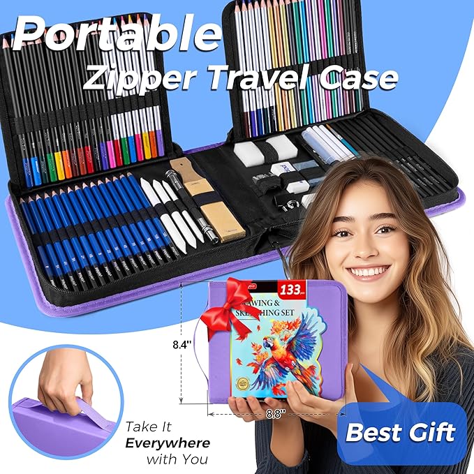 133 Pack Drawing Set Sketching Kit, Pro Art Supplies with Sketch Book, Coloring Book, Watercolor Pad, Black Paper Pad, Graphite Colored Charcoal Watercolor & Metallic Pencils, for Artists Adults Kids