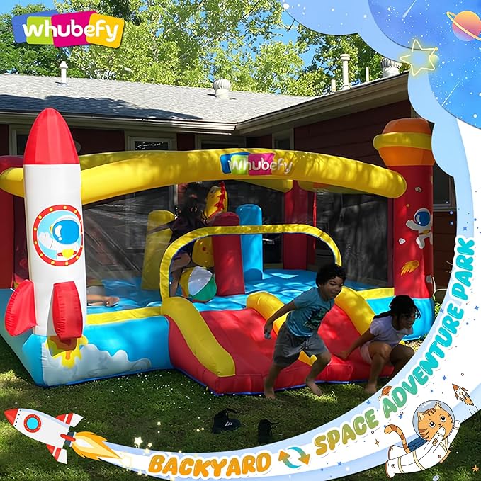 Whubefy Inflatable Bounce House Double Slide for Big Kids 3-6 8-12 with 3 Punching Bag Large Space Rocket Blow Up Bouncy Castle Obstacle Course 13.1x11.2x7.1ft w/Blower Indoor Outdoor Fun
