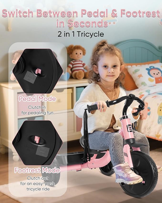 2-in-1 Tricycle for Toddlers Ages 1.5–3, Trike with Extended Push Handle, Removable Wagon-Style Basket, Adjustable Handlebar with Tassels, and Fore-AFT Adjustable Seat, Pink