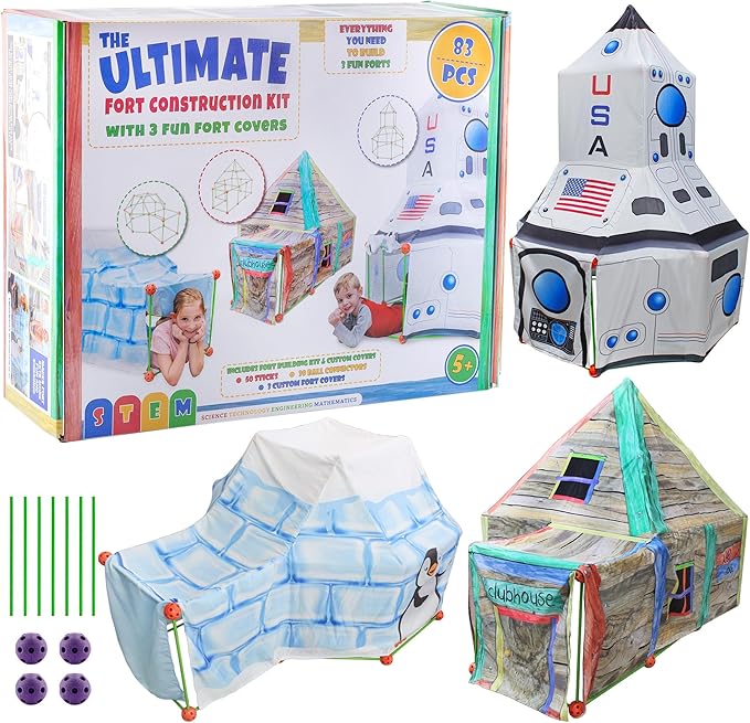 Ultimate Play Fort Kit (83-Piece Set), Stick and Ball Fort Building Kit w/ 3 Play Tent Covers