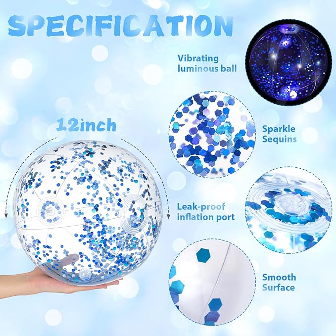 12 Pack 12 Inch Glow in The Dark LED Beach Ball Jumbo Confetti Glitters Inflatable Ball Swimming Pool for Party Pool Summer(Blue)
