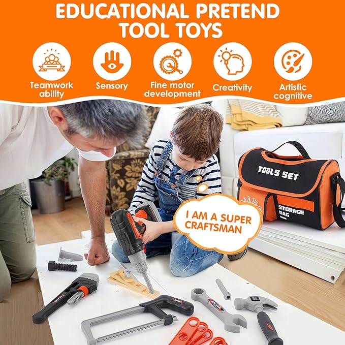 Kids Tool Set- 48PCS Toddler Tool Set Toys with Electronic Toy Drill, Tool Bag&Tool Belt&Tape Measure, Pretend Play Kids Construction Tool Kits Toy for Boys, Kids Birthday Gift for Boys Girls Ages 3+