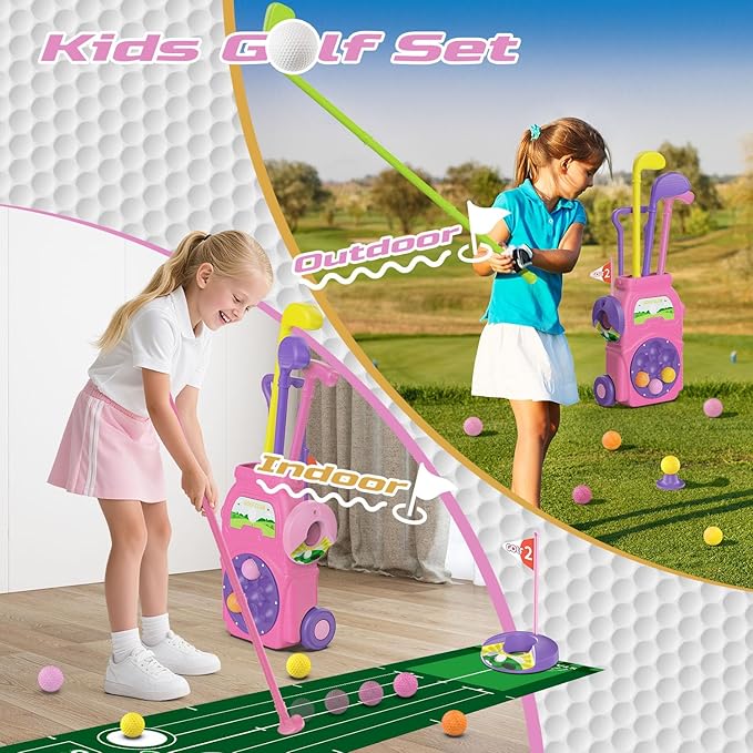 Kids Golf Toy Set for Toddlers Ages 3-5 – Preschool Sports Toys with Golf Cart, Putting Mat, 4 Clubs, 7 Balls & 2 Holes – Indoor Outdoor Learning Gift for Boys & Girls