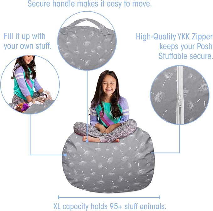 Posh Creations Kids Stuffed Animal Storage Bean Bag Chair Cover - Childrens Toy Organizer, Large-38in, Canvas White Dandelions on Gray