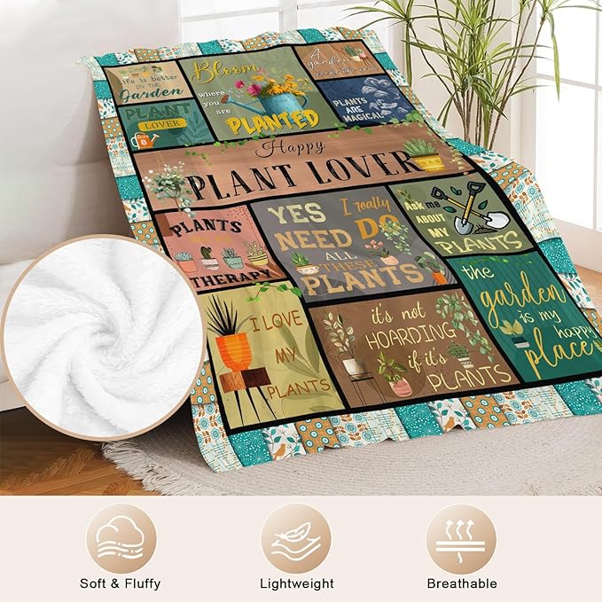 Plant Gardening Gifts Blanket for Women, Plant Lover Fleece Blanket Gift for Mom, Warm Cozy Soft Flannel Mom Gifts for Bed Sofa Couch 80" x 60"