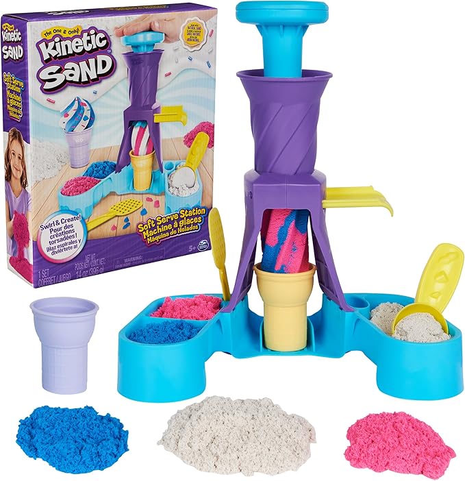 Kinetic Sand, Soft Serve Station with 14oz Play Sand (Blue, Pink & White), 2 Ice Cream Cones & 2 Tools, Sensory Toys, Holiday Gifts & Stocking Stuffers for Kids Ages 3 and up