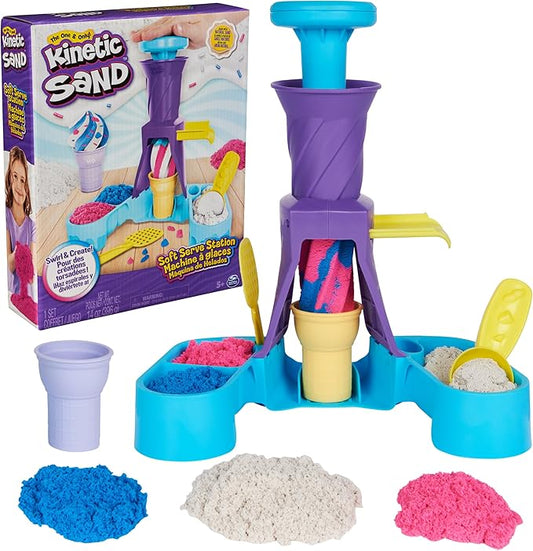 Kinetic Sand, Soft Serve Station with 14oz Play Sand (Blue, Pink & White), 2 Ice Cream Cones & 2 Tools, Sensory Toys, Holiday Gifts & Stocking Stuffers for Kids Ages 3 and up
