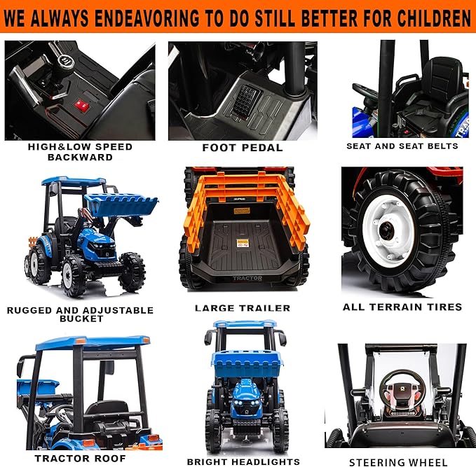 Kidsera 24V Kids Ride on Tractor with Trailer & Front Loader, 3 In1 Tractor 4-Gearbox 24volt Dual Motors Metal Frame, 24V Ride on Toys for Big Kids, Power Wheels Kids Electric Vehicles (Blue)