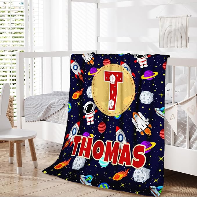 Personalized Blanket Gifts for Kids Boys, Custom Planet Throw Blanket with Initial Letter Soft Cozy Fuzzy Bed Throws, 4 Sizes Optional Kids Blankets for Couch Sofa Bed