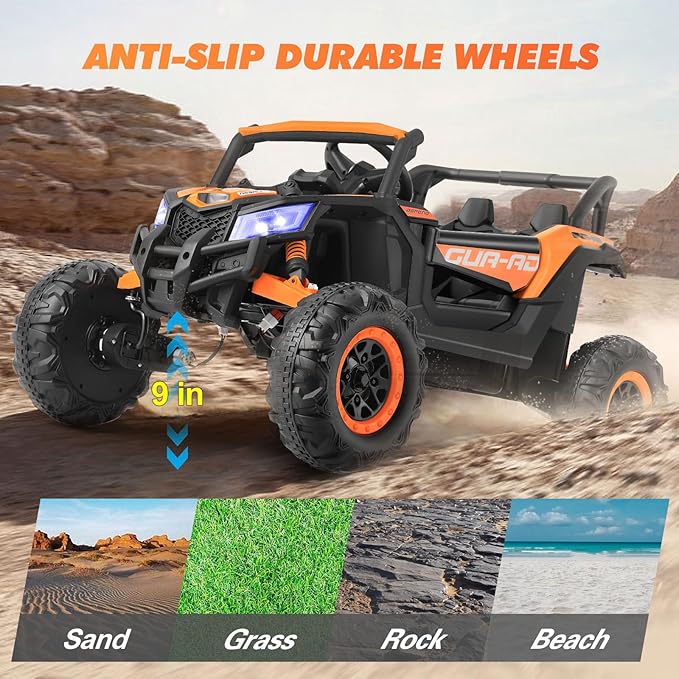 JOYLDIAS 4WD Ride On Car, 12V Battery Powered Electric Off-Road UTV for Kids, 4X4 Electric Vehicle with 4 Powerful Engines, 2.4G Remote Control, Music, Bluetooth, LED Lights for Boys and Girls, Orange