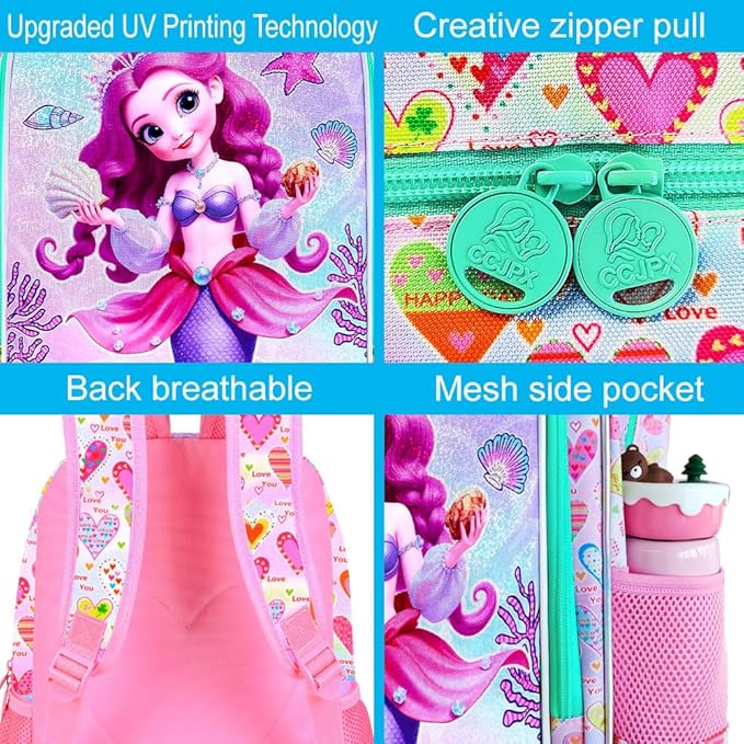CCJPX 16" Mermaid Backpack for Girls, 3Pcs Kids Bookbag with Lunch Box, Water Resistant Elementary School Bag for Kindergarten Preschool Toddler (Pink)
