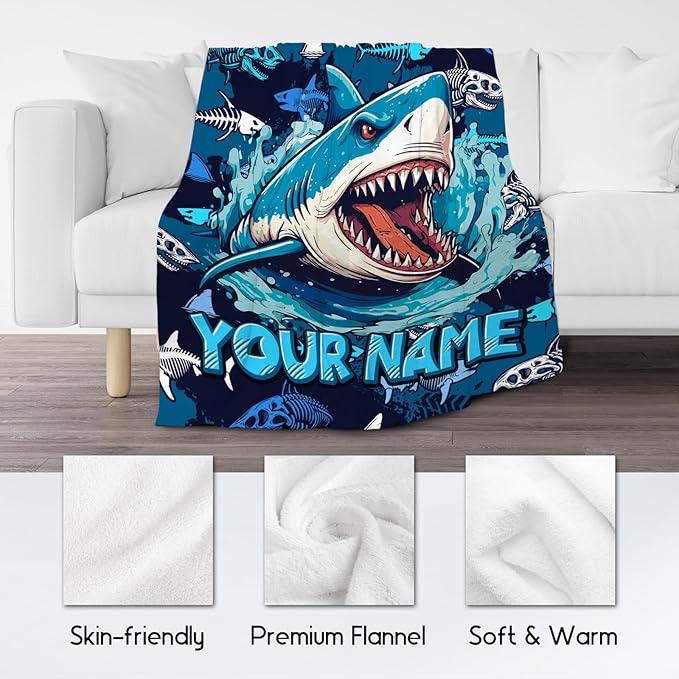 Personalized Shark Blanket - Throws Gifts for Boys - Custom Flannel Cozy Blankets for Living Room, Office - 4 Size