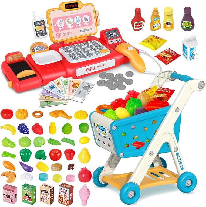 Kids Shopping Cart Trolley Play Set and Pretend Play Calculator Cash Register Toy with Pretend Food and Accessories,Perfect for Ages 3+ Pretend Play and Role-Playing Games