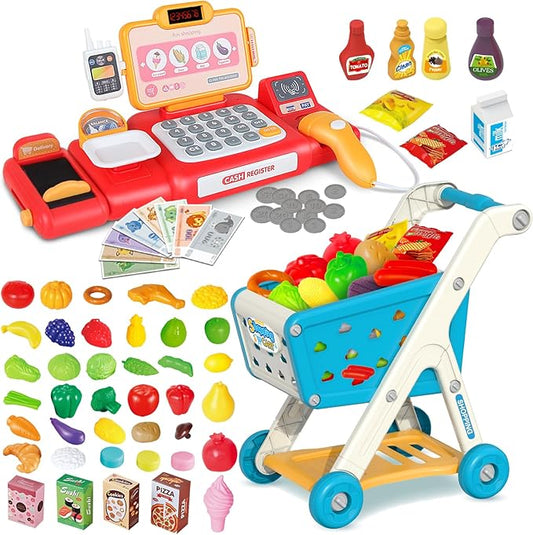 Kids Shopping Cart Trolley Play Set and Pretend Play Calculator Cash Register Toy with Pretend Food and Accessories,Perfect for Ages 3+ Pretend Play and Role-Playing Games