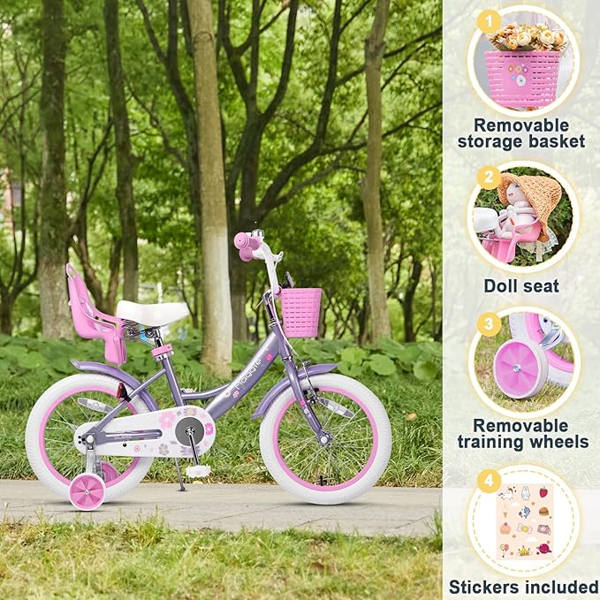 Glerc Maggie Girls Bike, 12-20 Inch Kids Bike for 2-13 Years Old Children, Princess Style Kids Bicycle with Doll-Seat & Basket & Training Wheels, Multiple Colors