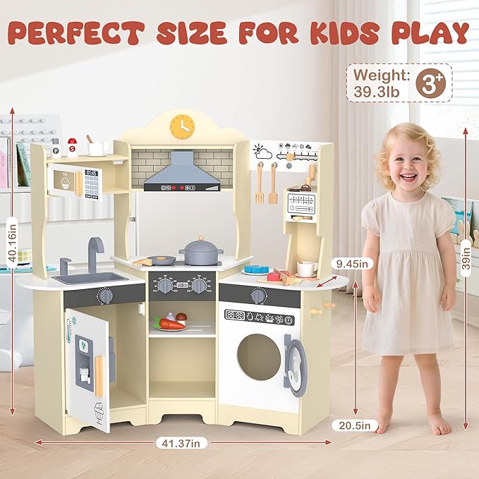 ANPABO Play Kitchen for Kids, Wooden Kids Kitchen Playset for Toddlers with Lights & Sounds, Pretend Play Toys with Coffee & Ice Maker, 30Pcs Toy Kitchen Accessories Gift for Boy&Girl (Yellow)