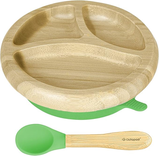Abiie Octopod Bamboo Dish - Kids Plates for 4 months and up, 3-Compartment Baby Plates with Suction, Round Bamboo Baby Plate, Mess-Free Toddler Suction Plates, Baby Feeding Supplies, 7.5 x 7.5 x 1.9in