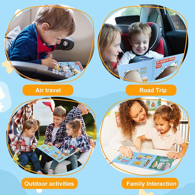 ASTARON 3D Magnetic Puzzle with 60 Puffy Stickers for Toddlers, 51 Pieces 3-in-1 Traffic Puzzles Preschool Education Learning Travel Toys Car Plane Activities for Kids Road Trip Birthday Gifts