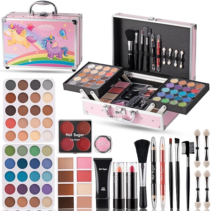 Hot Sugar Makeup Kit for Little Girls 4-6, Girls Makeup Set Ages 8-12, With Unicorn Aluminum Cosmetic Box