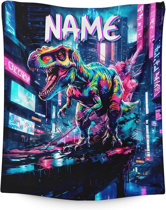 Dinosaur Blanket for Boys Custom Kids Blanket for Son Grandson Gift for Dinosaur Lovers, Cool Cozy Fuzzy Flannel Throw for Bed Sofa Room Decor Travel