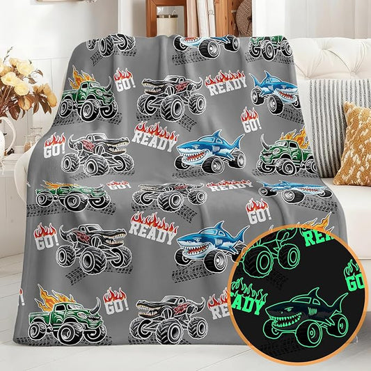 Jekeno Truck Shark Glow in The Dark Blanket Gifts for Kids Boys Girls Teens Birthday Christmas Halloween Excavator Construction Tractor Car Throw Age 1-16 Years Old Toddlers Room Decor Grey 50"x60"