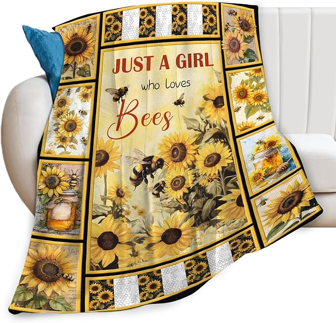 Bee Blanket for Boys Girls, Bee Sunflowers Flannel Throw Blanket, Fleece Soft Cozy Stuff Blankets Gift for Women Men Couch Sofa Bed 60" x 50"