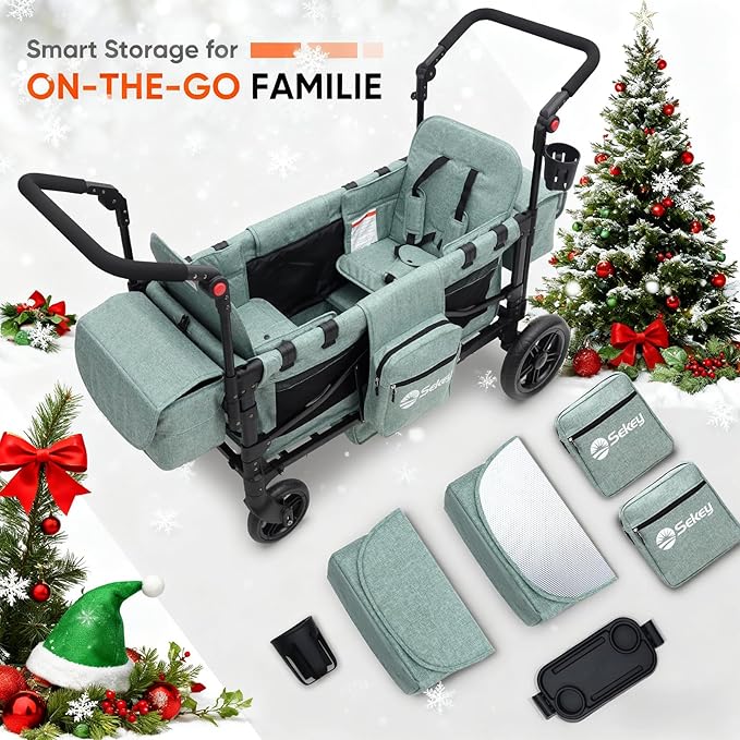 Sekey Wagon Stroller for 2 Kids, Luxury 4-in-1 Stroller Wagon - Premium Quality with Convertible Seats, Adjustable Push Handles, Removable Canopy, Snack Tray & Cooler, US Certified. Green