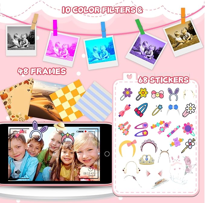Kids Camera, 3.97IN AI Digital Camera with Beauty Camera, Flashlight, 1080P HD Video Selfie Camera Dual Lens, Portable Toy Christmas Birthday Gifts for Children, 2000mA(Pink)