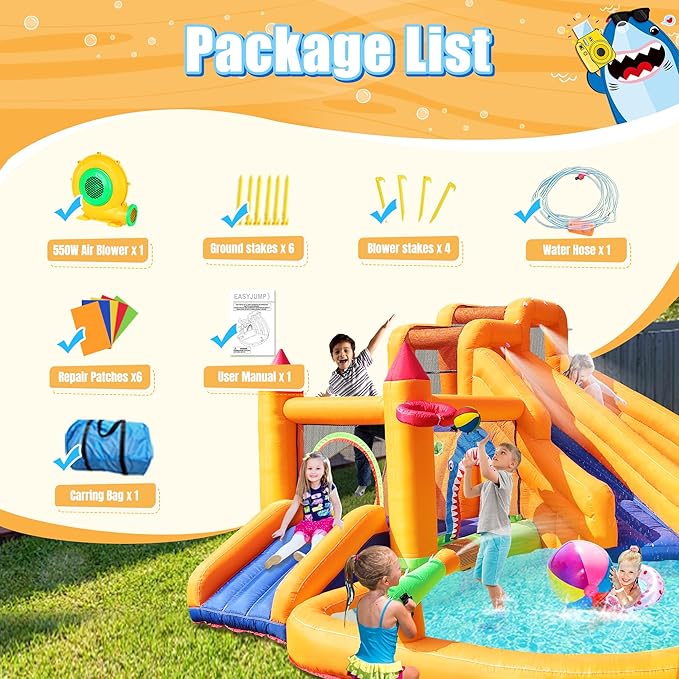 Inflatable Bounce House, Triple Water Slide for Kids with Double Cannon, Climbing Wall, Jumping, Splash Pool, Basketball Hoop for Outdoor Backyard Party, 10 in 1 Giant Castle Included 550W Air Blower