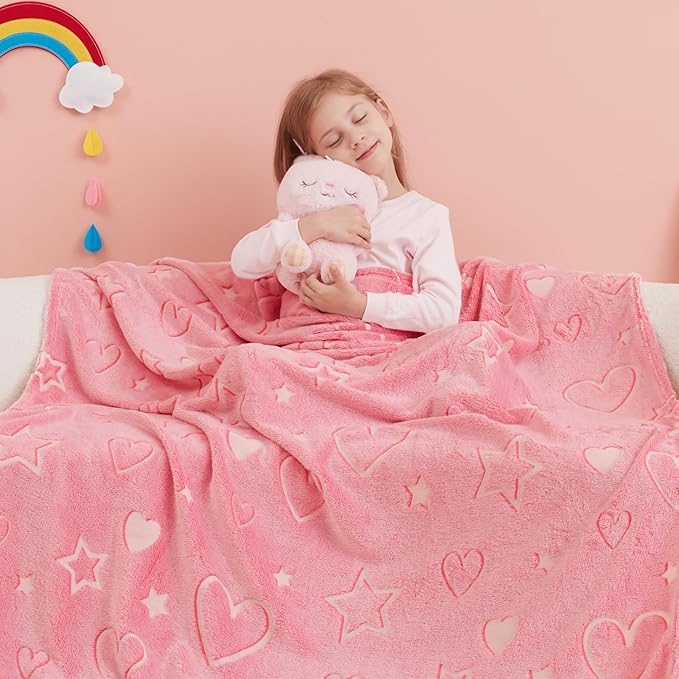 Glow in The Dark Heart Blanket,Heart Gifts Toys for Girls, Birthday Presents Decor for Kids Age 3-14 Year Old Daughter Teen Child Toddler Soft Luminous Christmas Bedroom Throw Blanket 50"x60"