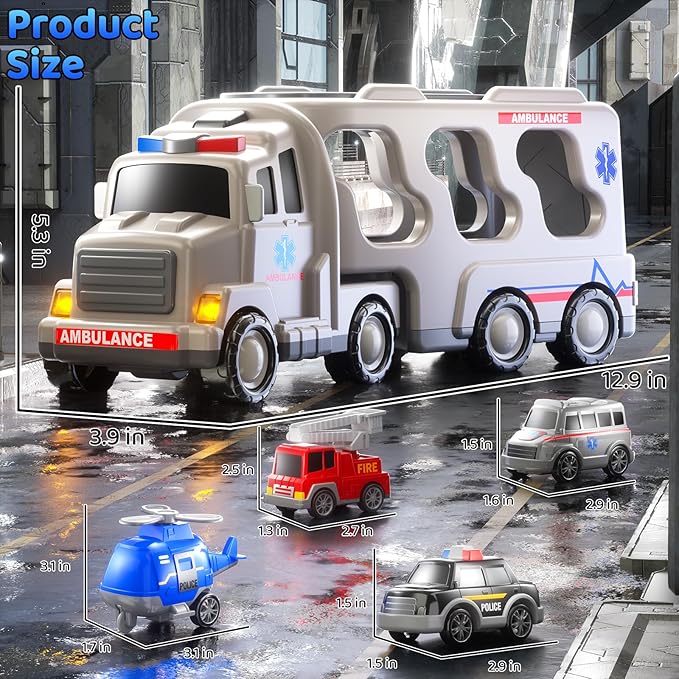 Ambulance Truck Toys Set for Kids Toddlers 1-3 3-5 Years Old, Carrier Truck Playset with Toy Cars, Light and Sound, City Learning Toys for Toddlers, Birthday Gifts for Boys Girls Aged 2-4 4-8
