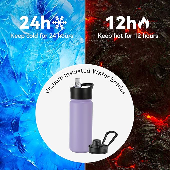 16 oz Insulated Water Bottle with Straw Lids, Stainless Steel Kids Water Bottles for School, Double Wall Vacuum Metal Water Bottle with Straw & Wide Mouth Lid, Lavender 8 Pack