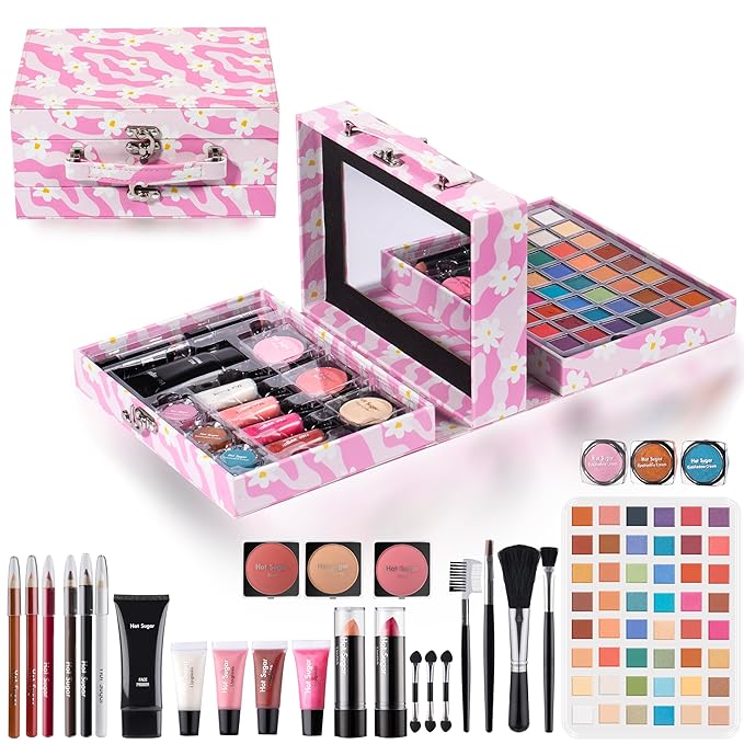 Hot Sugar Makeup Kit for Preteen Girls 10-12, Birthday Christmas Makeup Gift Set for Teens 16-18, All in One Beginner Makeup Kit for Women Full Kit (Floral Pink)
