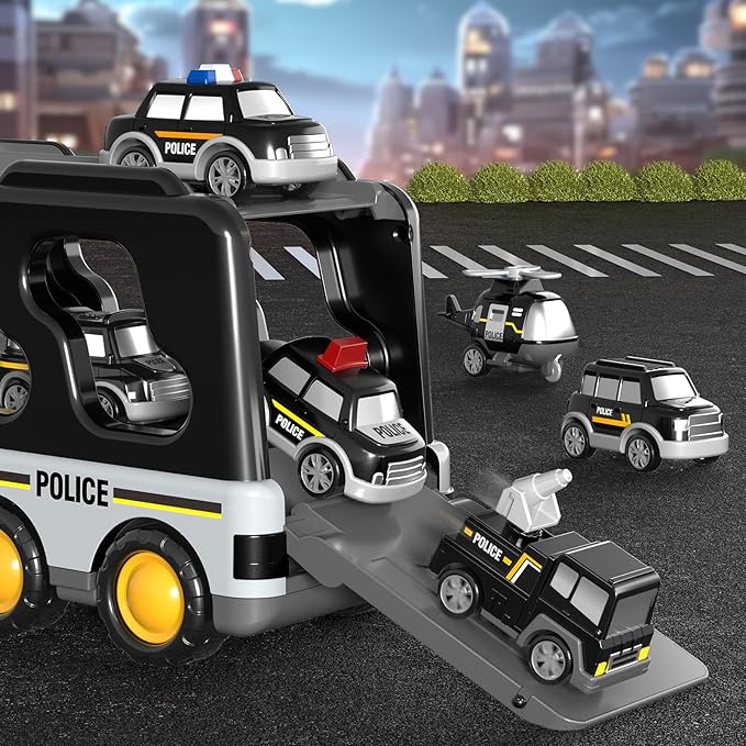 7 in 1 Police Trucks Cars Toys for Toddlers 3-5, Boy Toddler Car Truck Toys with Light Sound, Birthday Gifts Toys for 3 4 5 6 Year Old Boy, Transport Carrier Truck for Toddlers 3-5 Years