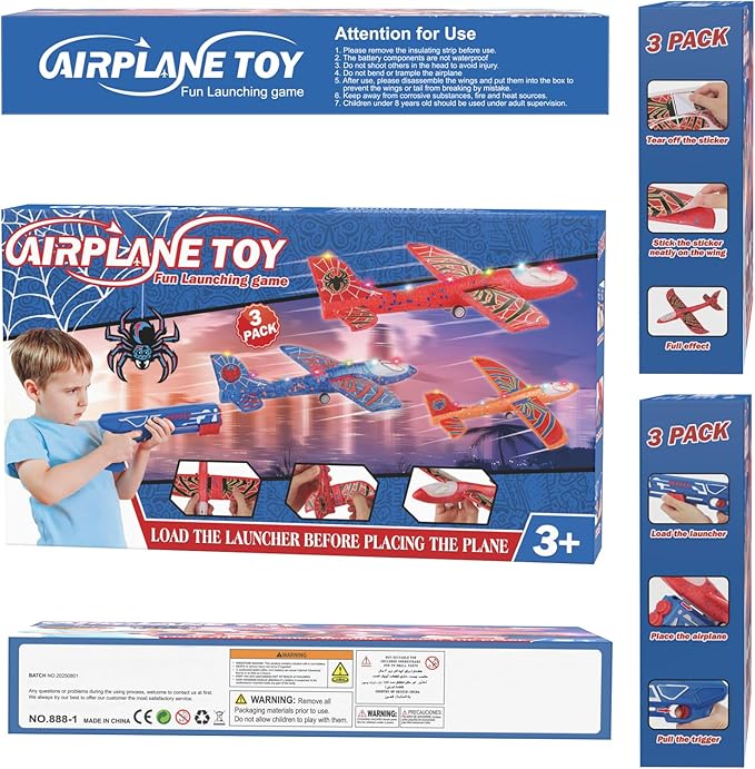 Fuwidvia 3 Pack Airplane Launcher Toys, 13.2'' Spider LED Foam Glider Catapult Plane Toy for Boys, 2 Flight Modes Outdoor Flying Toys Birthday Gifts for Boys Girls 4 5 6 7 8 9 10 11 12 Year Old