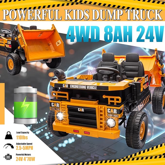 24V 4WD 2-Seater XL Kids Ride on Truck Electric Toy Car with Electric Dump Bed, Parents Remote Control Kids Car Tractor Toys Ride-on Dump Truck for Boys and Girls Ages 3+, Yellow