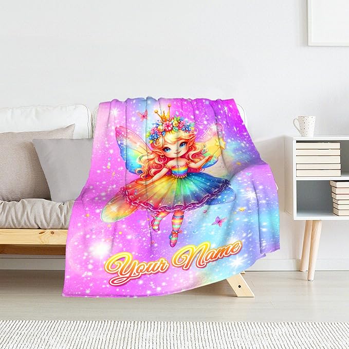 Personalized Blanket for Girls, Kids - Fairy Blankets Pink Cute Lightweight Throw Decor Gifts for Couch, Bed & Travel