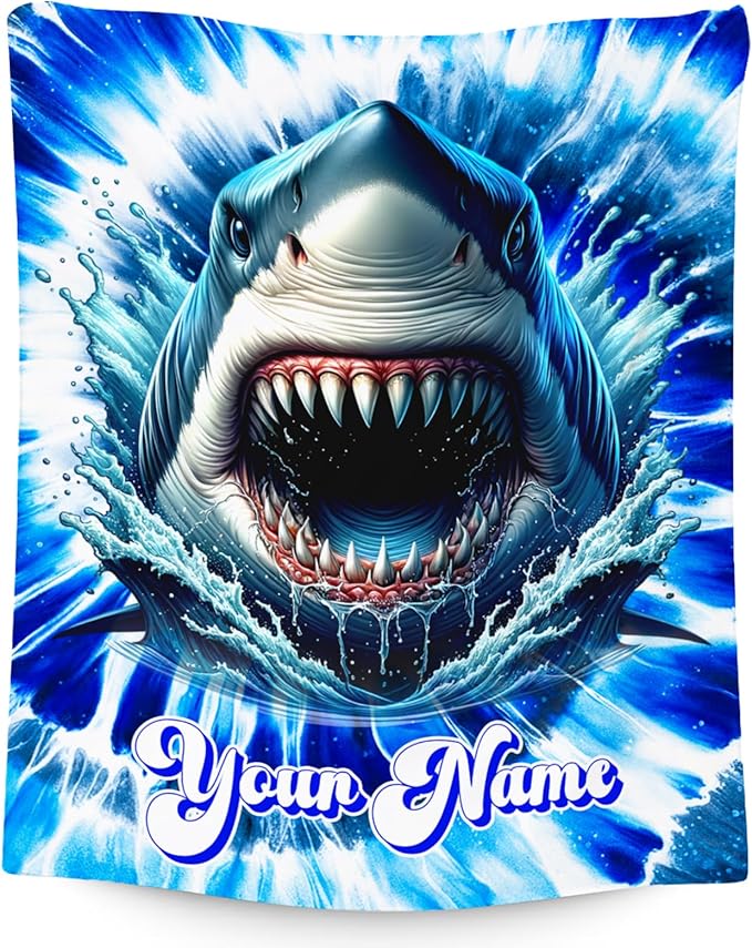 UNIKITTY Personalized Blanket for Kids, Shark Blanket for Boys, Custom Shark Gifts for Toddlers, Warm Fluffy Tie Dye Throw for Couch (4 Sizes)