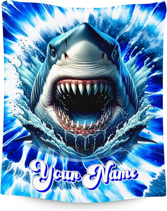 UNIKITTY Personalized Blanket for Kids, Shark Blanket for Boys, Custom Shark Gifts for Toddlers, Warm Fluffy Tie Dye Throw for Couch (4 Sizes)