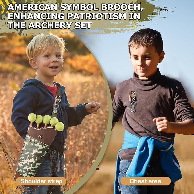 Kids Bow and Arrow Set - Wooden Bow Archery Toy in Camouflage for Ages 3+ with 6 Arrows, 4 Targets, Leather Quiver & Brooch | Indoor/Outdoor Kids Toys for Boys & Girls