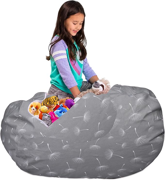 Posh Creations Kids Stuffed Animal Storage Bean Bag Chair Cover - Childrens Toy Organizer, X-Large-48in, Canvas White Dandelions on Gray