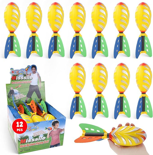 12 Pack Flying Foam Foam Missile Footballs with Tails, Sports Aero Pocket Flyers Toys for Kids Outdoor Backyard Activities, Games, Party Favors (9 Inches)