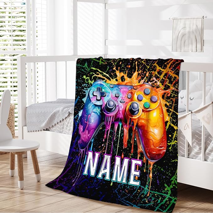Custom with Name Kids Blanket - 40x30 Inches Small Lap Size Gamer Blanket for Boys, Girls - Cool Fuzzy Gifts Ideas for Gaming Lovers - Soft Warm Plush Flannel Stuff for Chairs, Office, Sofa