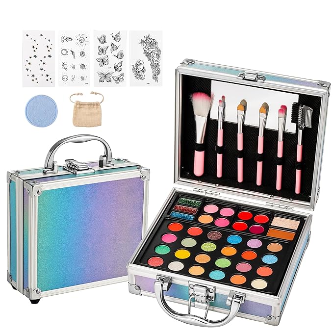 Anpro All-In-One Makeup Kit for Girls 10-12 with Case, Pro Teen Makeup Set, Tween Makeup Kit, Full Starter Make Up Kit with Brushes, Eyeshadow Palette, Blushes, Glitter Gel, Temporary Tattoo Stickers