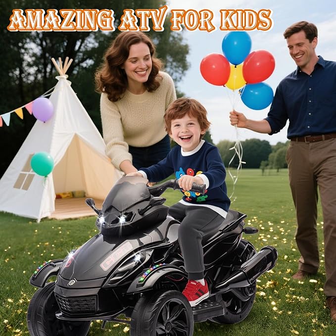 Xinyonxin 12V Kids Electric ATV, 3-Wheeler Motorcycle Ride on Toys for Toddlers w/Music, LED Lights, USB, One-Button Start, Forward/Reverse, Electric All-Terrain Car, Gift for Age 3+ (Black)