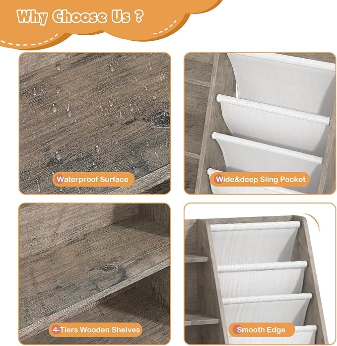 4 Tier Kids Bookshelf Wooden, Five Layer Sling Children Bookcase, Baby Toddler Storage Book Rack, Book and Toy Organizer Cabinet Chest, Book Display Shelf Stand, Playroom Nursery Classroom Library