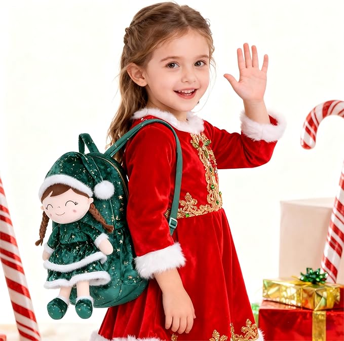 Gloveleya Plush Backpacks Toddler Backpack Removable Doll and Backpack Baby Girl Gifts for 2 to 8 Years Girl Birthday Gifts with Green Doll