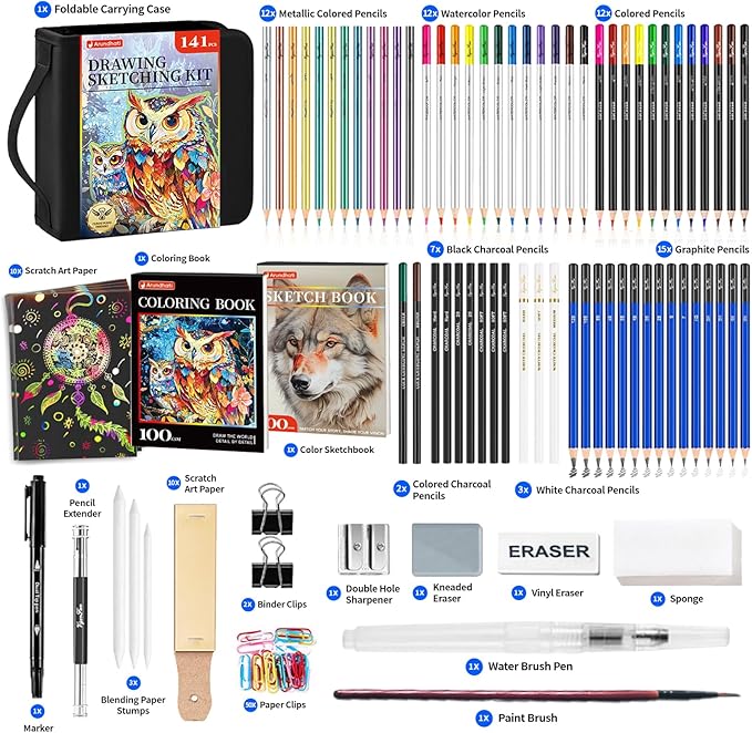 141 PCS Art Supplies Sketching Kit Pro Max, Drawing Pencils with Sketchbook, Coloring Book, Colored Graphite Charcoal Watercolor & Metallic Pencils, Drawing Supplies Gifts for Artists Adults Kids