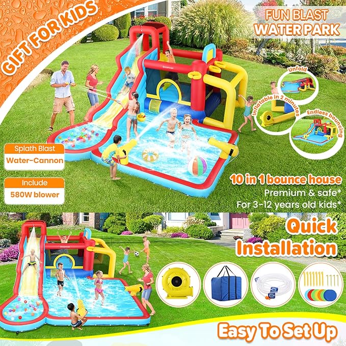 AKEYDIY Inflatable Water Slide Bounce House 13 in 1 Waterfall Waves Mega Water Slides Park |Large Water Bounce House,Splash &Blast Bouncer,Ball Toss,Soccer Gate,Water Inflatables for Kids Backyard